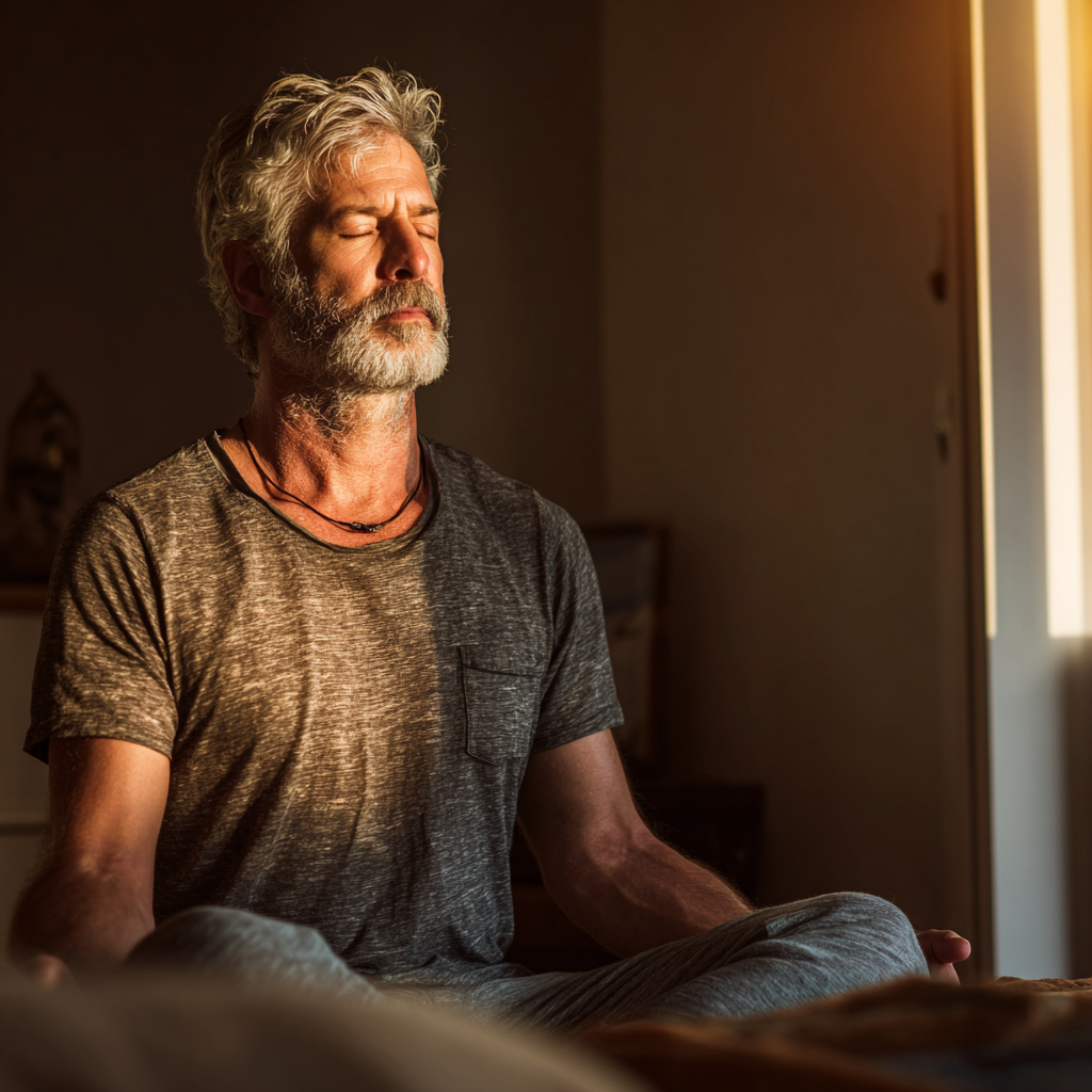 Middle-aged man discovering his inner strength during a quiet morning reflection session